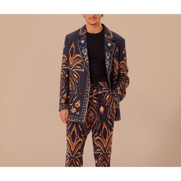NWOT Farm Rio unisex Blue Pineapple Ikat Blazer Size L 100% Cotton - Picture 2 of 16